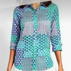 Talbots Classic Cotton Shirt Retro Floral Tulip Print Blouse size M